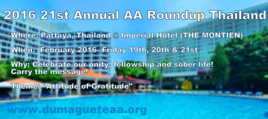 Historical DumagueteAA.org announcement promoting the 21st Annual AA Roundup Thailand in Pattaya during 2016.
